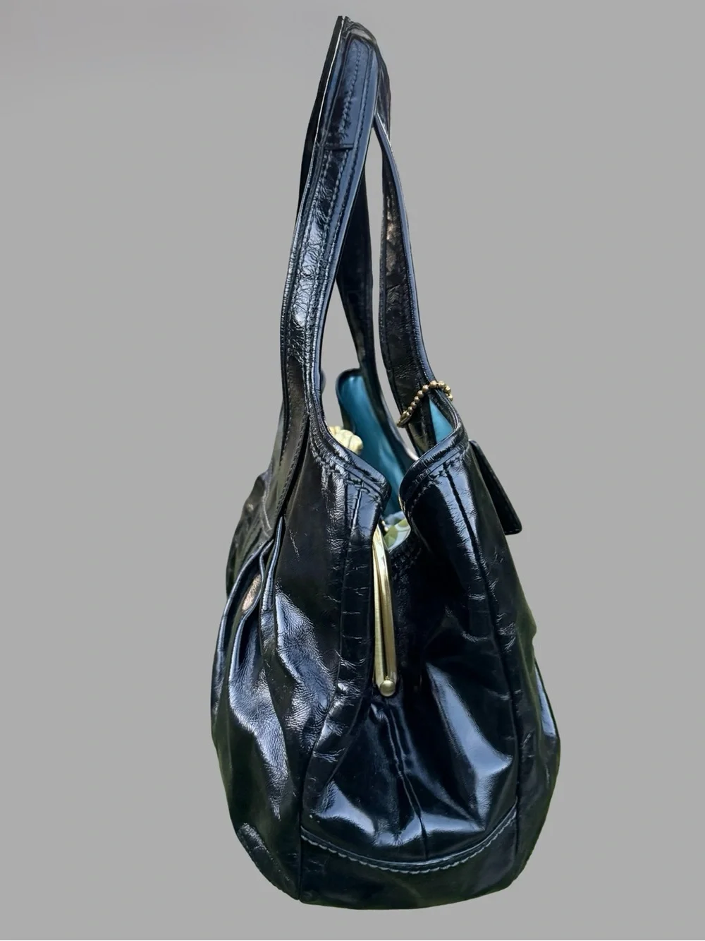 Vintage Y2K Coach Ergo Black Patent Leather Pleated Kisslock Satchel Bag #12520D